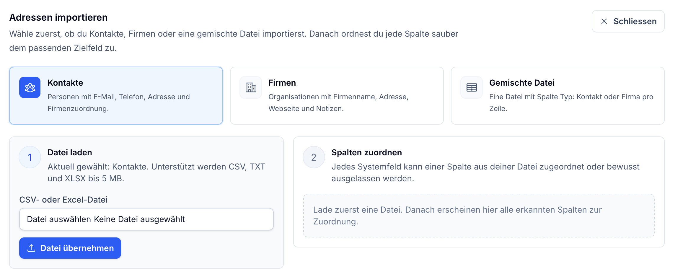 Vereiny Adressimport mit CSV Excel Upload und Spaltenzuordnung