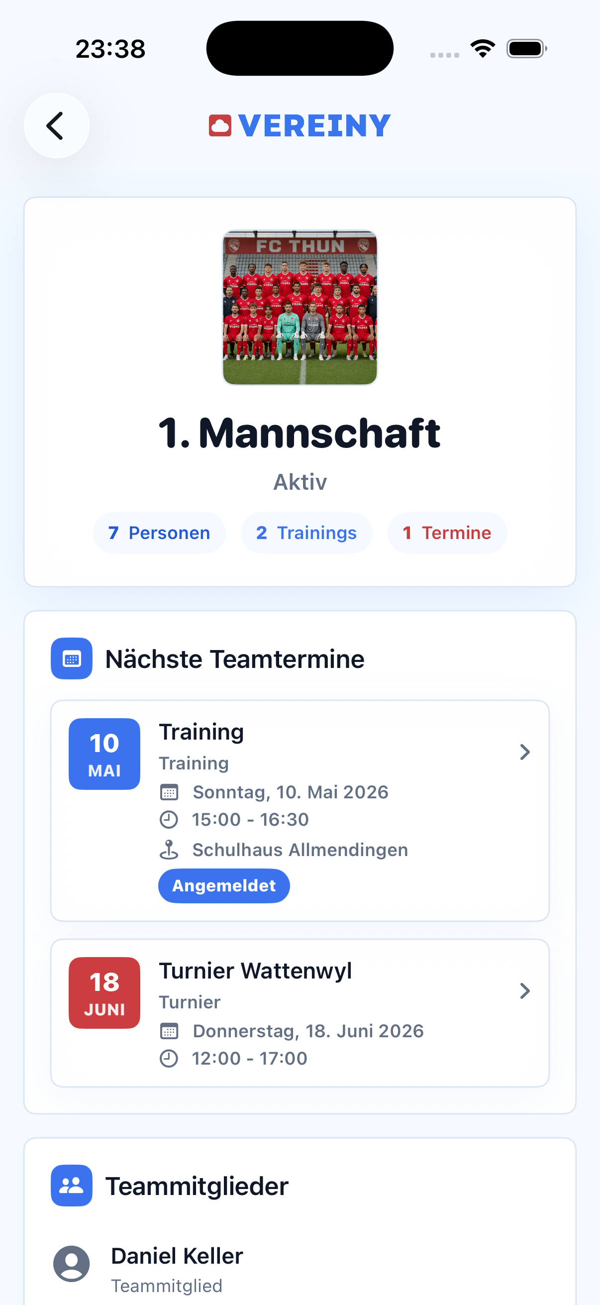 Vereiny App mit Trainings und Teamterminen