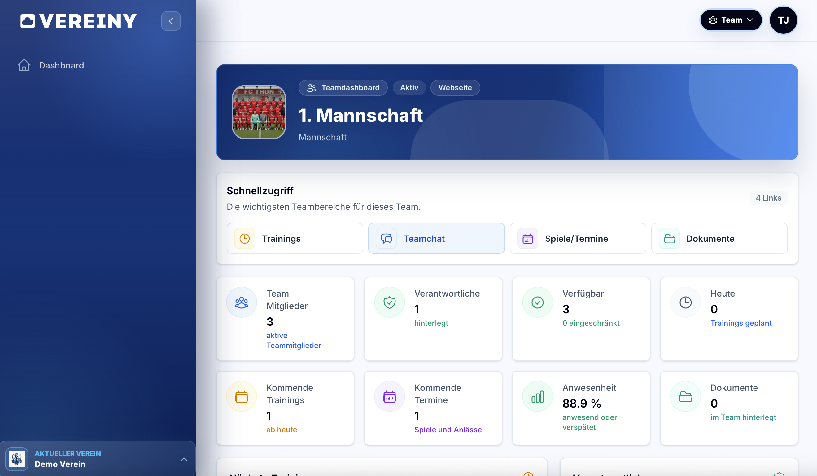 Vereiny Teamdashboard mit Trainings, Teamchat, Terminen und Anwesenheit