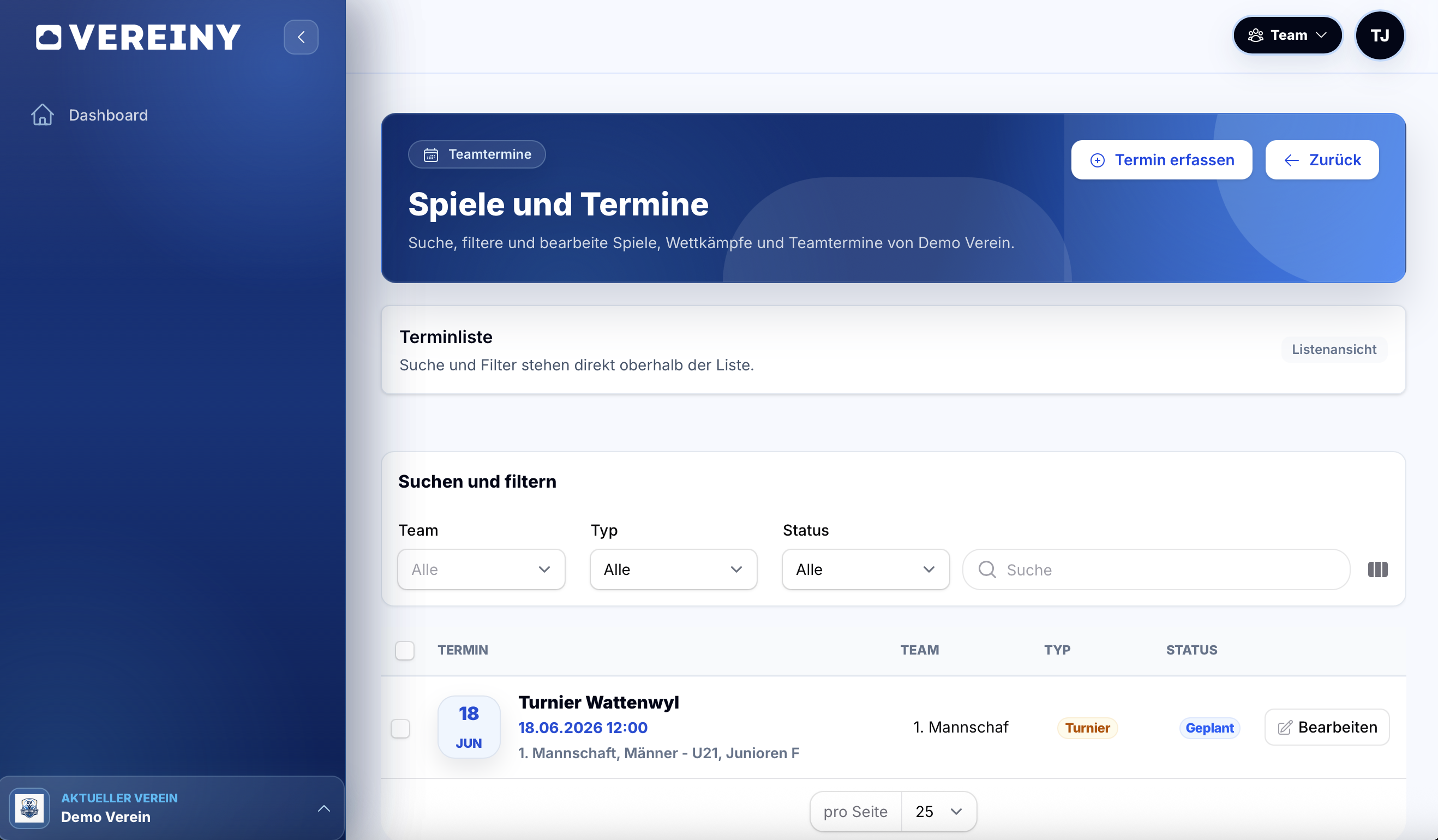 Vereiny Terminliste fuer Spiele, Turniere und Teamtermine