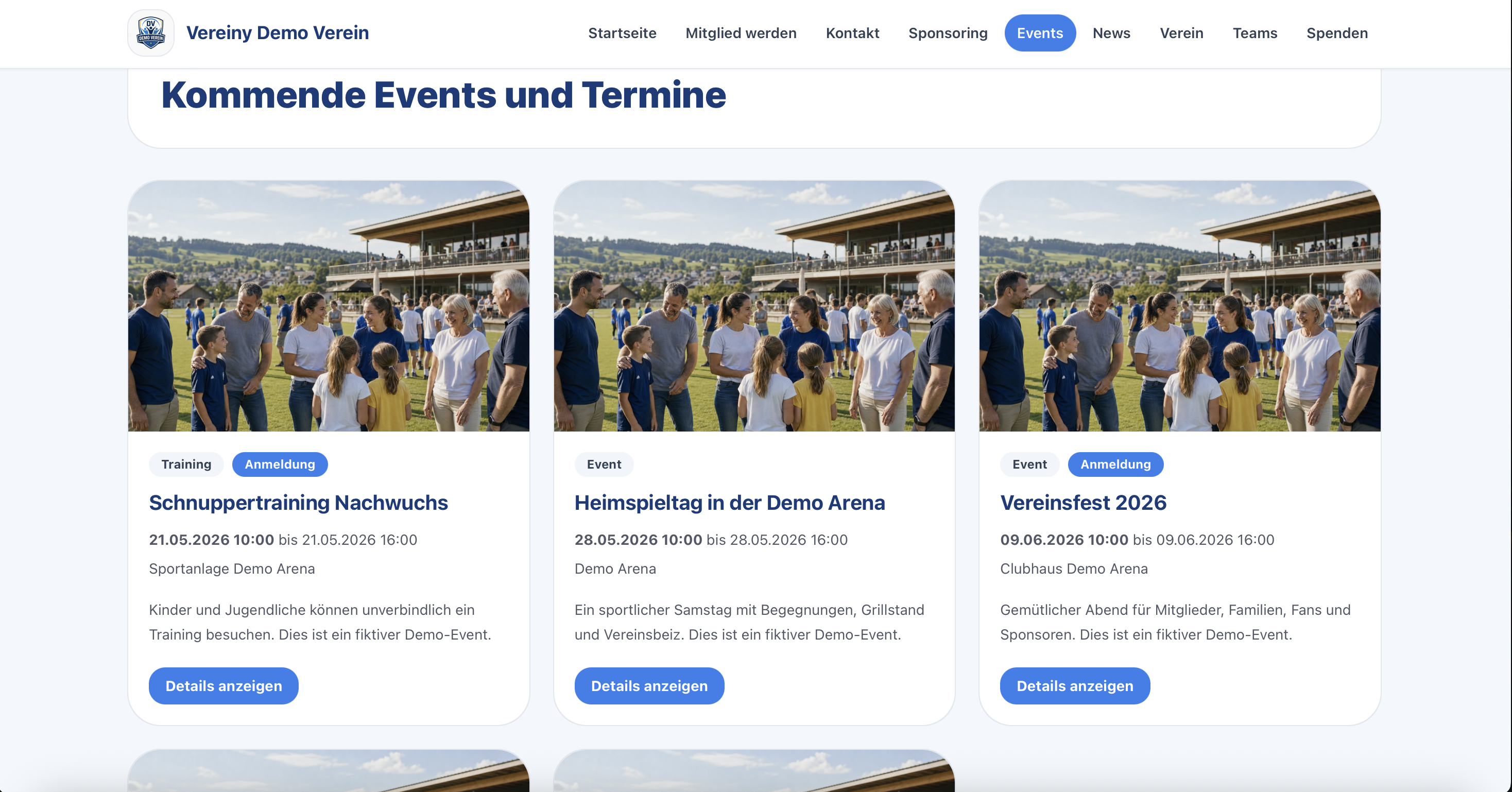 Demo Vereinswebseite mit Events und Terminen aus dem Vereinsportal