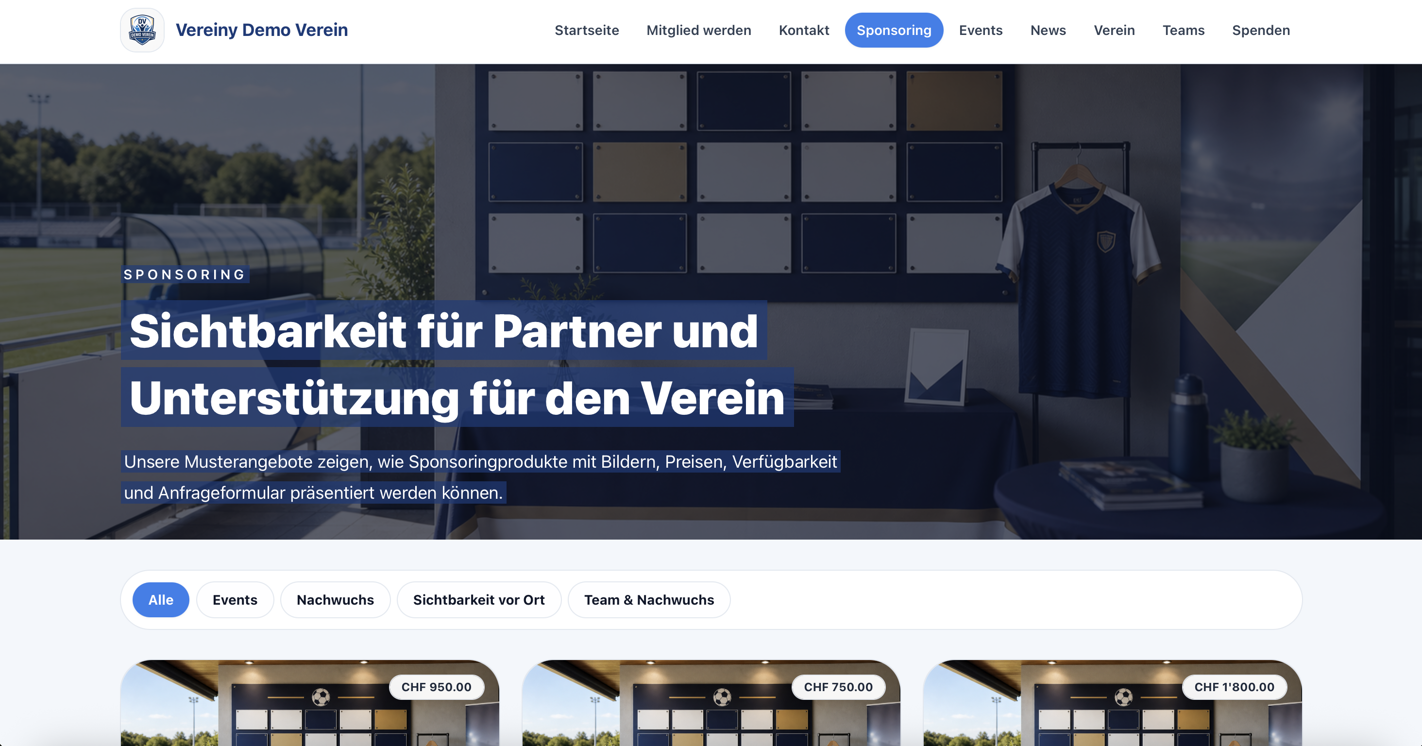 Demo Vereinswebseite mit Sponsoringprodukten, Preisen und Anfrageformular