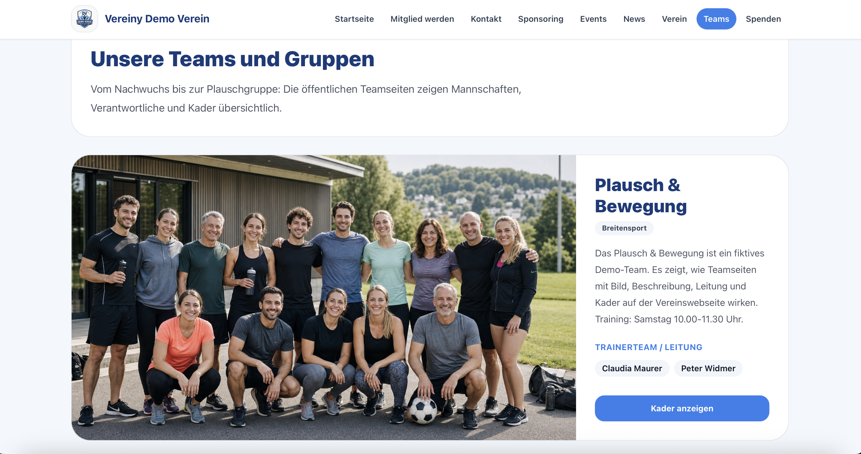 Demo Vereinswebseite mit Teamseite, Teamfoto und Kaderlink